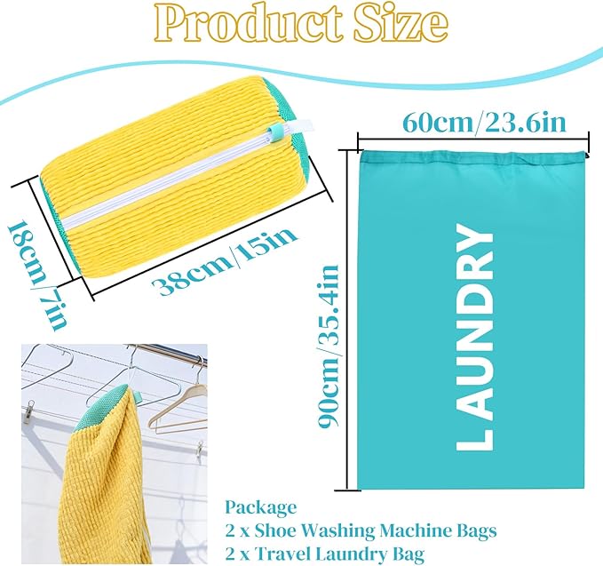 2Pack Shoe Laundry Bags + 2Pack Travel Laundry Bags, Large Bags for Camping & Traveling, Sneaker Washing Machine Bag Laundry Storage & Organization for Home