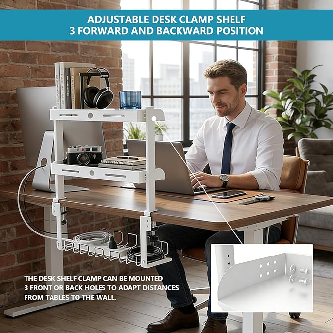 Clamp on Desk Shelf,3 Tier Desktop Organizer,Adjustable Clamp on Desk Top Organizer with Under Desk Hidden Storage Basket&Hooks,No Drilling Desk Clamp Storage Shelves for Working Gaming Accessories