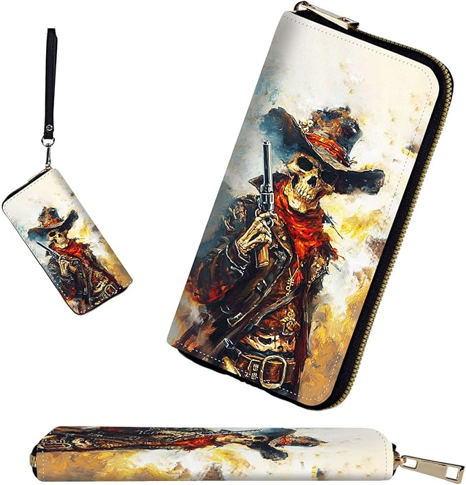 RFID-Blocking Zip Around Wallets for Women with Detachable Wrist Strap,Large Capacity Phone Holder with Card Organizer & Coin Pocket,Cool Skull