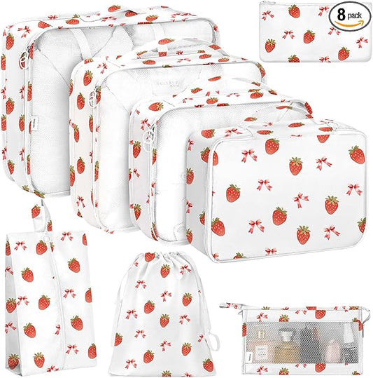 KPX 8 Set Packing Cubes for Travel, Luggage Packing Organizers Accessories Large Toiletries Bag for Clothes Shoes Cosmetics (Strawberry+Butterfly)
