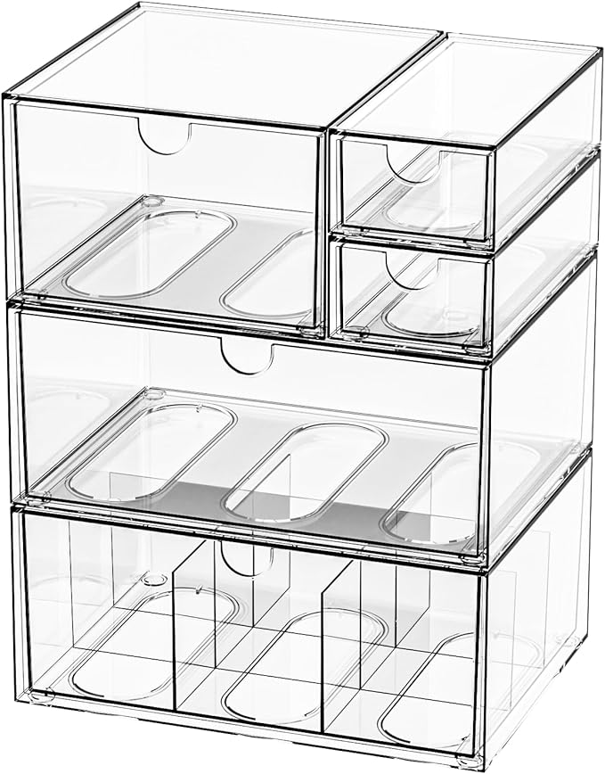 Desk Organizer Set, Clear Stackable Dustproof Storage Boxes for Desktop, Office, DIY Craft & Vertical Space Saving, Perfect for Makeup, Stationery, Jewelry Organization (5 Drawer)