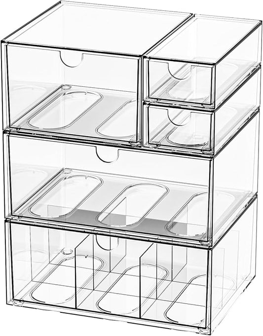 Desk Organizer Set, Clear Stackable Dustproof Storage Boxes for Desktop, Office, DIY Craft & Vertical Space Saving, Perfect for Makeup, Stationery, Jewelry Organization (5 Drawer)