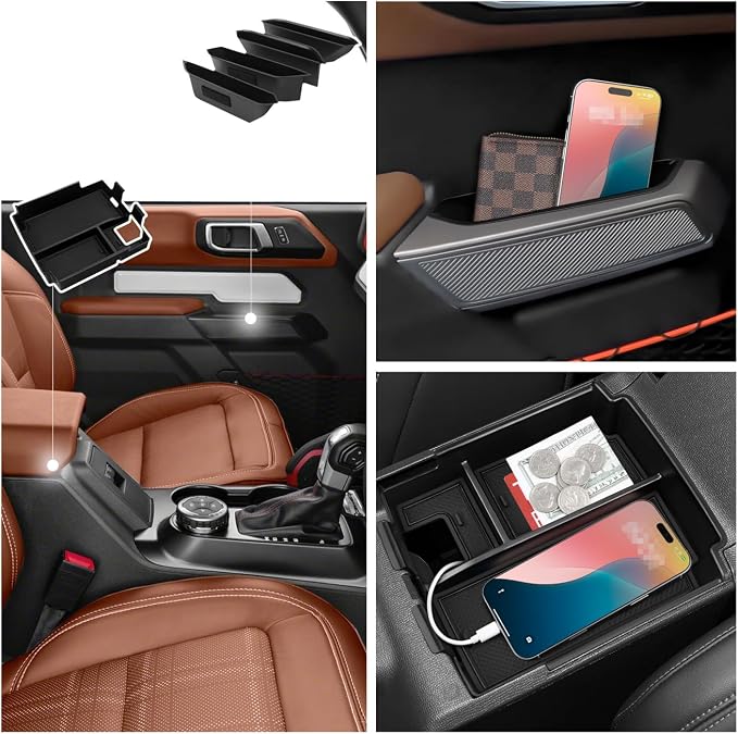 5PCS Center Console Tray for 2025 2026 Ford Bronco Accessaries 4 Door Full Size 2025 Bronco Front Rear Door Handle Pocket Storage Box ABS Material(Not Applicable Sport Models)