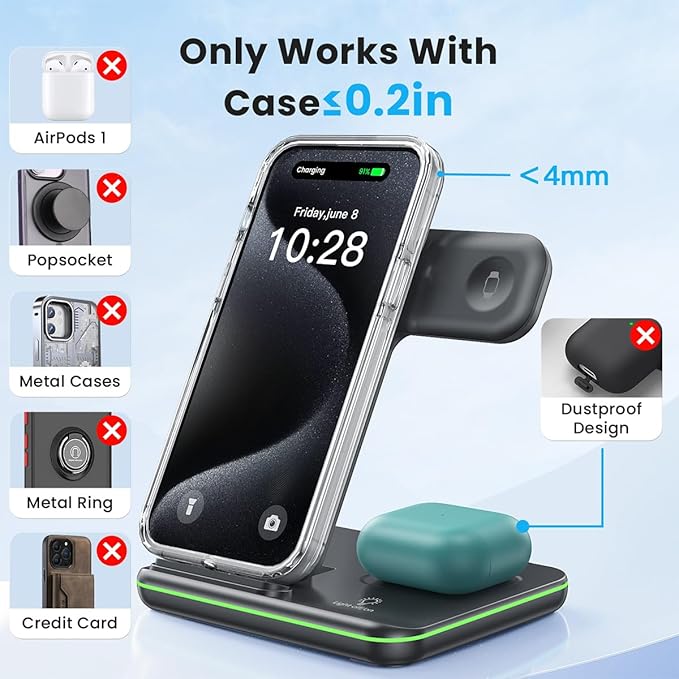 WAITIEE Foldable Wireless Charger for iPhone 17 16 15 14 13 12 11 X 8, 3 in 1 Charging Station for Apple Watch & for AirPods (Black)