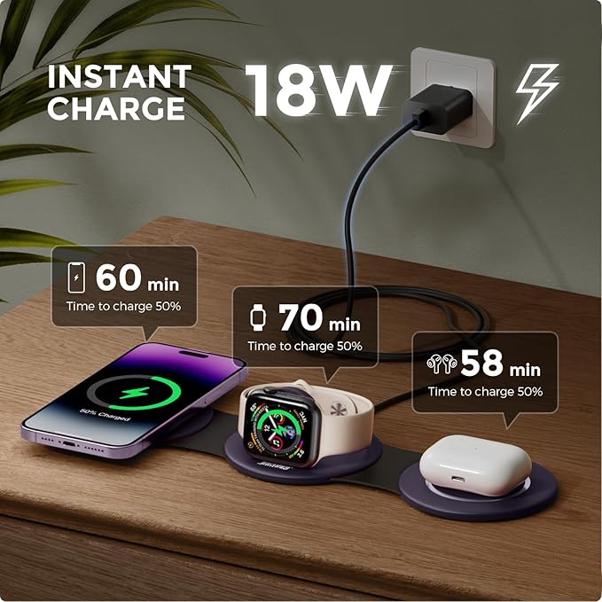Hicober 3 in 1 Charging Station for Apple Multiple Devices, Foldable Travel Wireless Charger 18W for iPhone Air 17 16 15 14 13 Pro Max Plus &Apple Watch Series/Airpods Purple