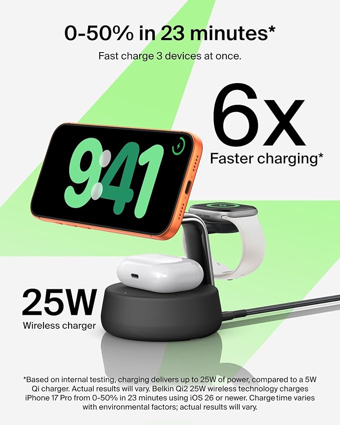 Belkin MagSafe Charger Compatible, 3-in-1 Charging Station, Qi2.2 25W w/Cooling Fan (On/Off Control) Magnetic Wireless Charger for iPhone 17, Apple Watch, AirPods, Pixel 10 (45W Adapter Included)