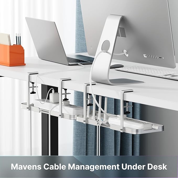 Mavens Under Desk Cable Management Tray, 13.7" No Drill Aluminum Alloy Cord Organizer with Clamps for Wire Management, Cord Organizers for Home Office Standing Desk (Elegant Silver)