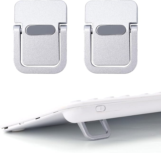 Penitue 2pcs Mini Keyboard Riser, Zinc Alloy Portable Small Laptop Tilt Stand Lifter Feet Foldable & Invisible Self-Adhesive Computer Notebook Holder Leg Lift Accessories for Desk Support (Silver)
