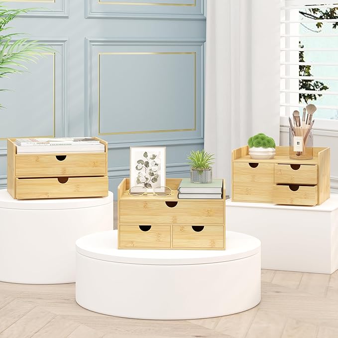 Wisuce Desk Organizer with Drawers - Bamboo Desktop Organizer Storage-Natural Wood Desk Drawers Organizer for Bills, Office Supplies, Cosmetics, Seals No Assembly Required (3 Drawers（top-bottom))