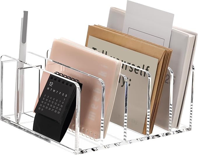 SANRUI Acrylic Mail Sorter Desktop Organizer with Pen Holder, 5 Compartments Clear Small File Script Letter Document Storage for Desk Bill Filling Envelope Holder Office, Home, School Organization