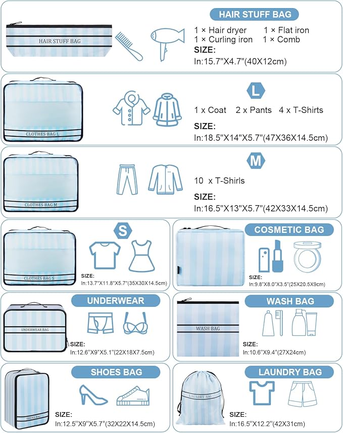 9 Set Packing Cubes Luggage Packing Organizers for Travel Accessories Space Saving Travel Bags for Carry On, Lightweight Mesh Zipper, Clothes, Shoes, Laundry and Shoe Bag (Blue Streak)