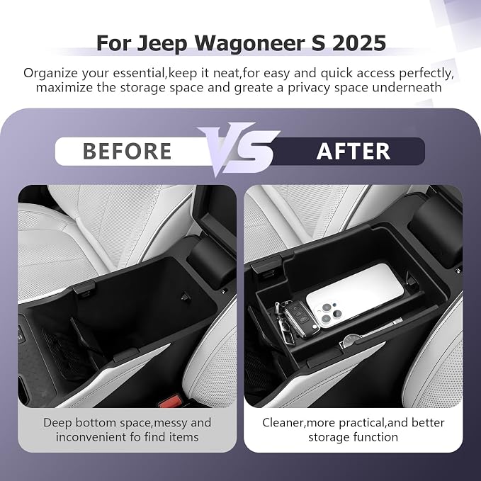 LUWU 2025 Wagoneer S Center Console Organizer for 2025 Wagoneer S Accessories Armrest Console Storage Box Insert Tray ABS Material Black-Trim