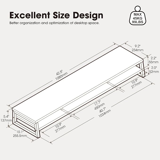 Fenge Dual Monitor Stand for Desk, 42.5in Large Monitor Riser for 2 Monitors, 2 Tier Computer Office Desk Top Shelf, Desktop Storage Stand for Laptop, PC, Computer, Printer