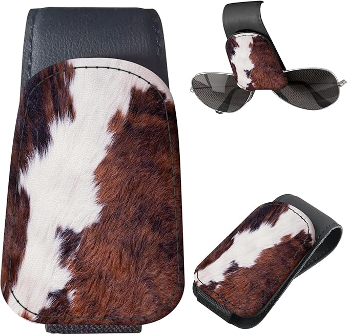 Sunglasses Holder for Car Visor, PU Leather Glasses Clip Organizer, Cute Magnetic Eyeglass Holder for Vehicle Sun Visor, Car Interior Accessory for Women & Men Brown Cow Hide