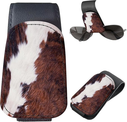 Sunglasses Holder for Car Visor, PU Leather Glasses Clip Organizer, Cute Magnetic Eyeglass Holder for Vehicle Sun Visor, Car Interior Accessory for Women & Men Brown Cow Hide