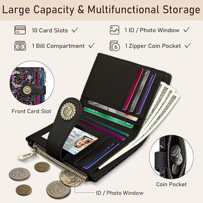 Kelvoris Goth Gothic Bats Spiders Web Small Rfid Women Wallet Bifold Zipper Coin Pocket PU Leather Compact Cash Credit Card Holder Travel Wallet for Female Ladies Teen Girls 1 ID Window 10 Card Slots