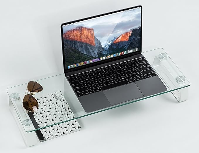Mount-It! Glass Computer Monitor Riser and Laptop Stand | Clear Flat Screen Display Stand, Desktop Shelf and Organizer, Glass and Aluminum Construction, 22 Inches Wide, 44 lb Carrying Capacity