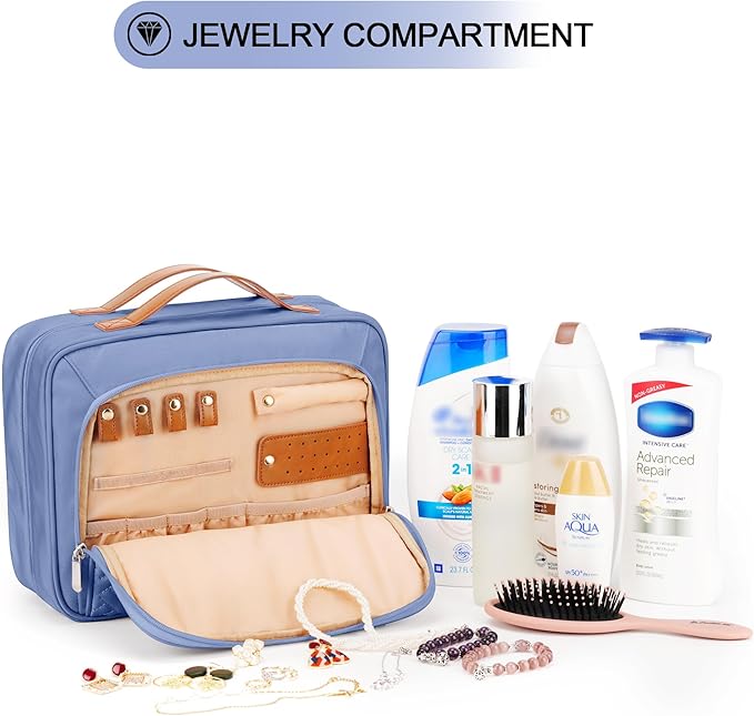 COOSKY Travel Hanging Toiletry Bag for Women, Cruise Ship Essentials, with Jewelry Organizer, Extra Large Makeup Dopp Kit, Waterproof Cosmetic Bags, Toiletries Kit Set with Trolley Belt, Blue