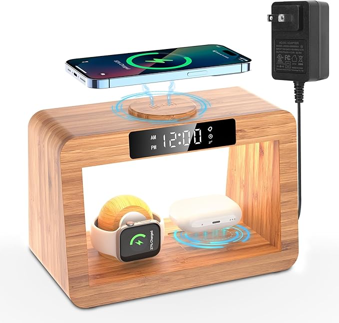 Bamboo Wireless Charging Station for Multiple Devices, with Night Light and Alarm Clock, 3 in 1 Charging Station for Apple Devices, Multi Charger Station for iPhone/iWatch/AirPods Pro