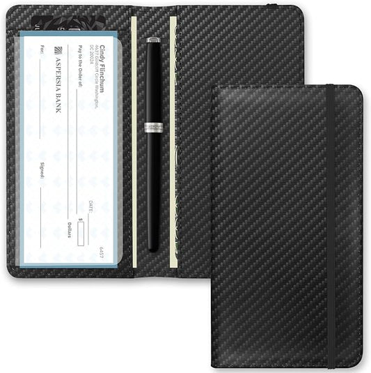 Printed Checkbook Cover, RFID Blocking Checkbook, Stylish, Lightweight, Slim Durable, Multi-Functional Checkbook Holder for Personal and Business Checks (Black Carbon)