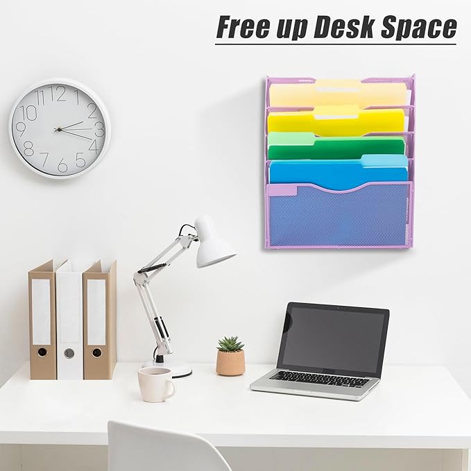 EASEPRES 5 Pocket Mesh Hanging Wall File Organizer, Wall Mounted Mail Paper Document Folder Holder, Clipboard Storage Organization Magazine Rack with Nametag Label for Office Home School, Light Purple