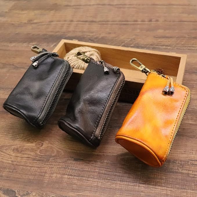 Medieval Leather Zipper Coin Pouch, Genuine Cowhide Handcrafted Coin Organizer Change Holder Keychain Coin Purse for Men & Women (Black)