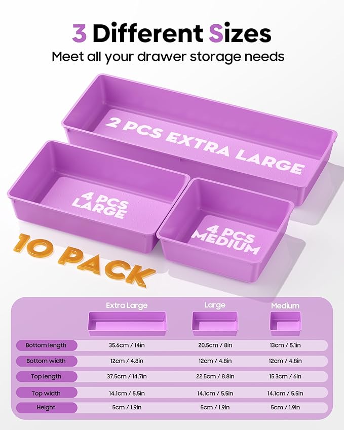 10 Pack Large Size Plastic Drawer Organizers Set, 3 Sizes Desk Drawer Organizer Trays, Storage Bins for Vanity, Makeup, Bathroom, Kitchen Utensils and Office (Purple)
