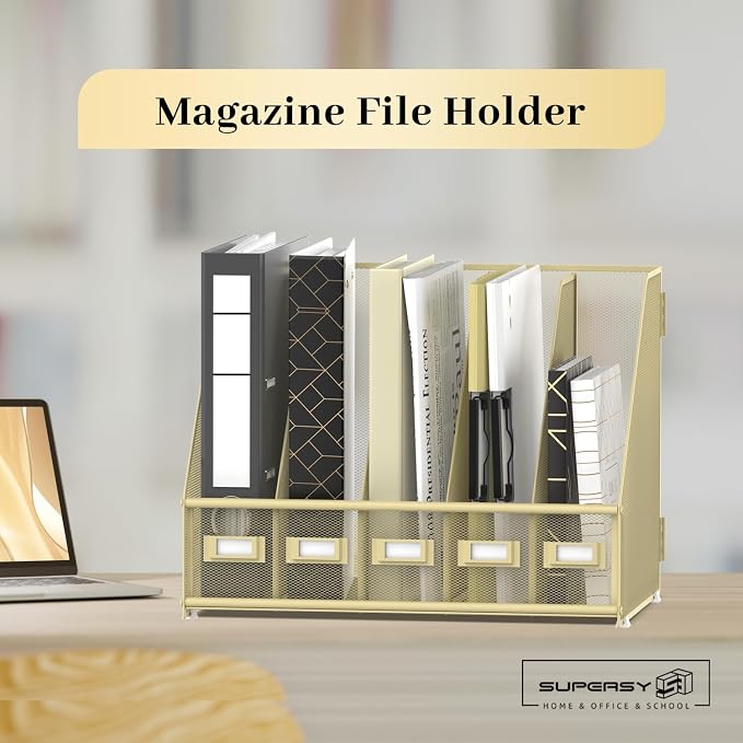 SUPEASY Desk Organizers Metal Desk Magazine File Holder with 5 Vertical Compartments Rack File Organizer for Office Desktop, Classroom, Home Workspace, Golden Yellow, Plus