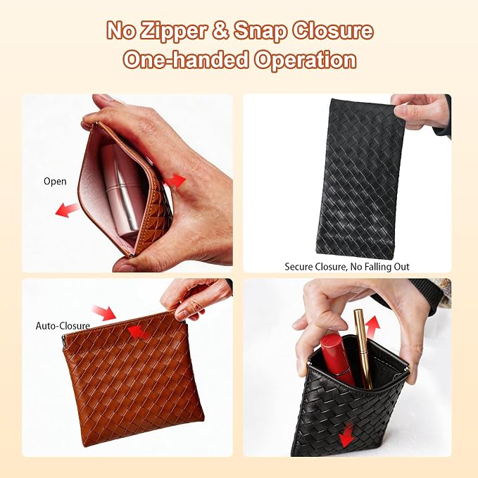 6 Pack 2 Sizes Small Makeup Bag for Purse, Woven Snap Closure Pouches for Purse, Soft Leather Coin Purse for Women, Mini Travel Organizer for Cosmetics Sunglasses Cash Cards Lip Gloss Lipstick