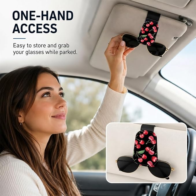 Leather Magnetic Sunglass Holder for Car Sun Visor, Cute Eyeglass Ticket Card Hanger Clip, Universal Auto Interior Accessories for SUV Pickup Truck, Cherry Pattern