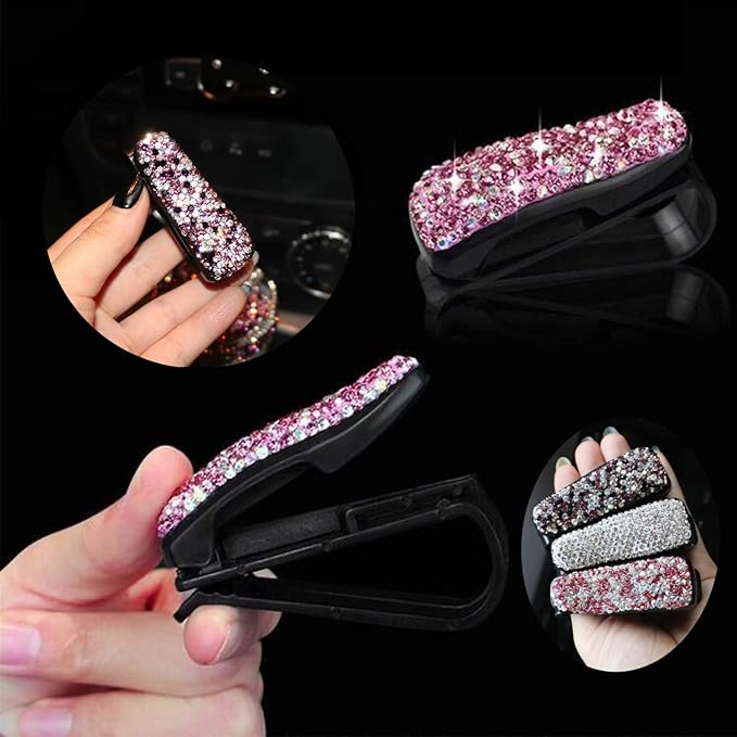Glasses Holders for Car Sun Visor, 2 Pack Bling Crystal Rhinestones Fashion Car Eyeglasses Sunglasses Hanger Mount with Ticket Card Clip for Women Girls (Purple)