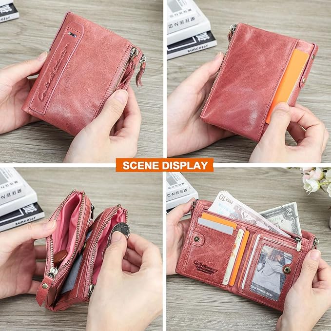 CONTACTS Soft Leather Wallet for Women Small Bifold Coin Purse Double Zipper Card Holder with RFID Blocking (Rose Tan)