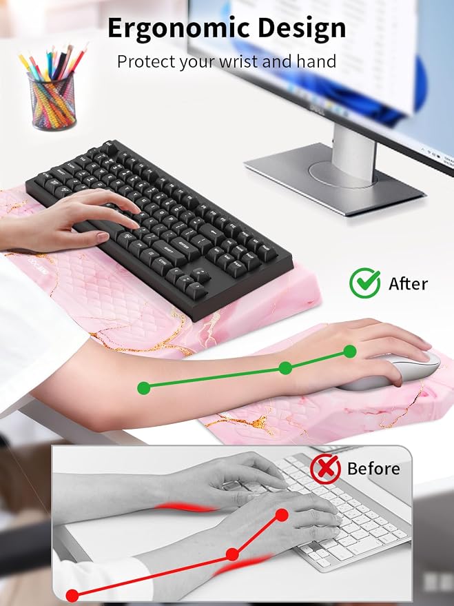 3-in-1 Ergonomic Keyboard Stand with Wrist Rest & Mouse Pad Set, Comfy Keyboard Riser Holder Soft Mousepad with Massage Design, Memory Foam and Non-Slip PU Base for Pain Relief, Pink Marble
