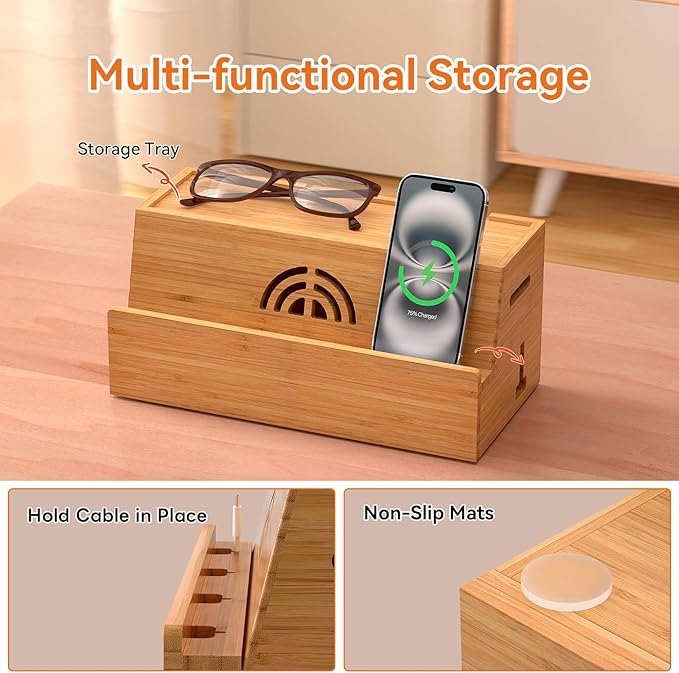 Bamboo Cable Management Box, Natural Color, 31X14X15.5CM, Cable Organizer Box for Desk with Conceal Power Cords and Power Strips, Suitable for Living Rooms, bedrooms, Offices and More
