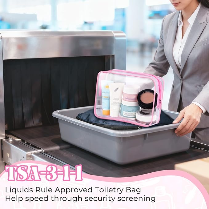 6 Pieces Clear Makeup Bags Bulk TSA Approved Toiletry Bag for Travel PVC Waterproof Clear Cosmetic Pouch with Zipper for Men and Women Carry-on Travel Essentials (Pink)
