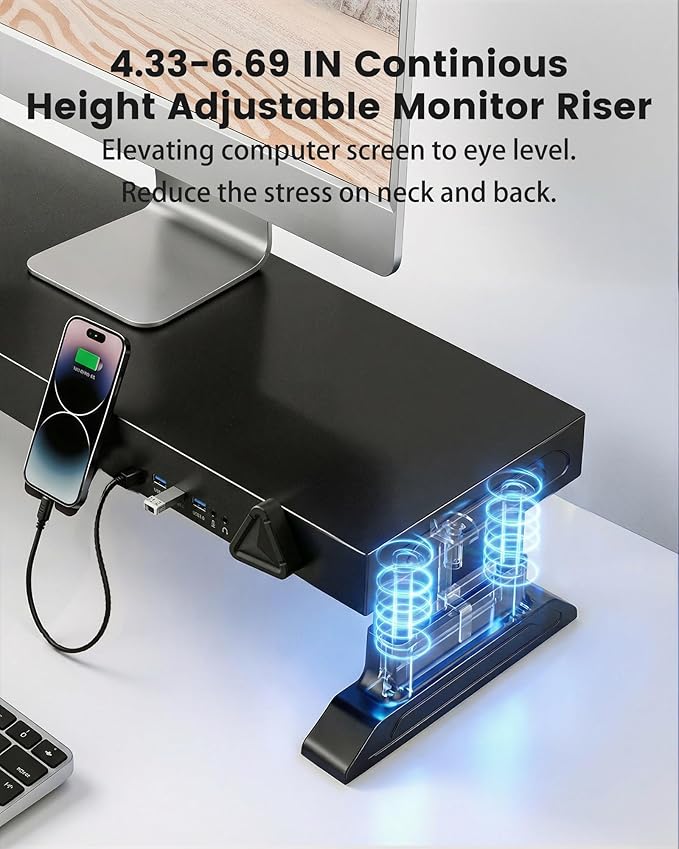 Height Adjustable Monitor Riser with 6-Port Hub ??37.6" Extra Wide Desk Stand for Dual Monitors, Continuous Height Adjustment 4.33??.69" via Knob, USB-C Fast Charging, Carbon Steel Black