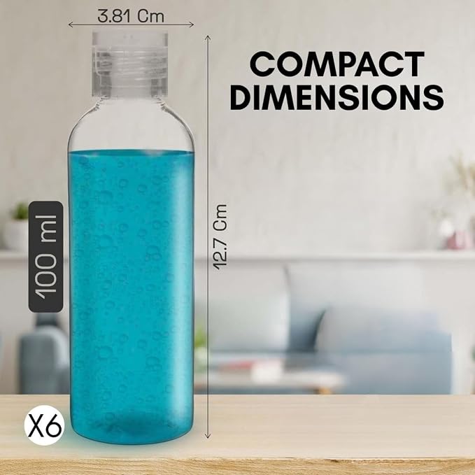 6 Pack Travel Bottles - Travel Containers for Toiletries - TSA Approved Size - Refillable Empty Plastic Bottles with 2 Labels & Carry Bag - For Shampoo, Lotion, Conditioner, Sanitizer - 3.4oz
