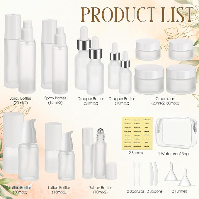 Blushtier 27 Pack Travel Skincare Containers Set 0.4/0.51/0.68/1.7oz Portable Travelling Size Bottles Toiletries Leak Proof Refillable Liquid Essentials with Toiletry Bag for Cosmetic Shampoo