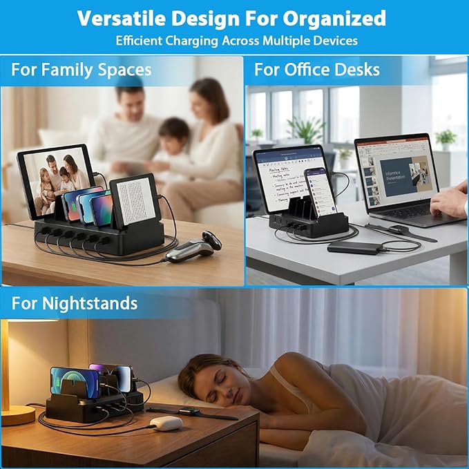 Charging Station for Multiple Devices, 6 Port USB Desktop Charger Dock Compatible with iPad, Samsung, Android, Tablet, Family Multi Phone Charging Organizer with Divider Holders, Fireproof ABS (White)