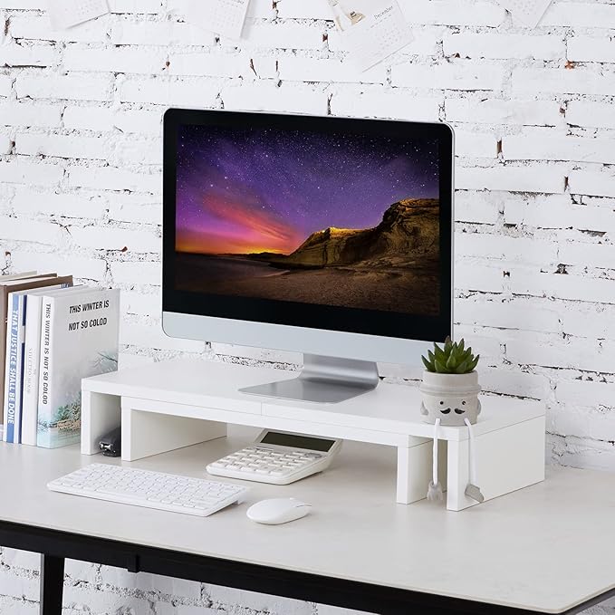 SUPERJARE Large Monitor Stand Riser, Adjustable Screen Stand for Laptop Computer/TV/PC, Upgrade Length Desktop Organizer - White