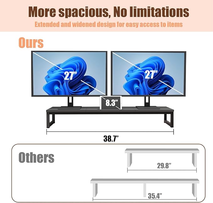Dual Monitor Stand Riser, 38.7'' Long Wood and Steel Monitor Stand for 2 Monitors, Ergonomic Desktop Organizer with Tablet Stand for Computer,Laptop,TV (Black)