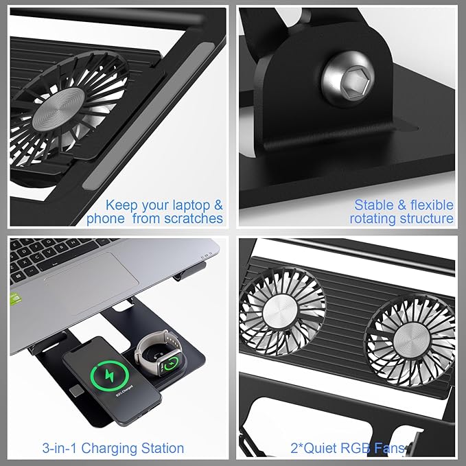 Laptop Stand with 3 in 1 Wireless Charging Station,Laptop Phone Stand with 2 Removable Silent Fans,Adjustable Height and Angle,Sturdy and Portable,Laptop Cooling Pad for 10-15.6 Inch Laptop.