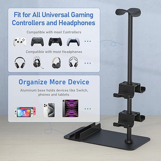 MANMUVIMO Headset Stand Controller Holder for 1 Headset and 4 Controller, Headphone Game Controller Stand for Desk, Gamer Gifts, Organizer Rack for iPad/Mobile Phone, Gaming Room Accessories