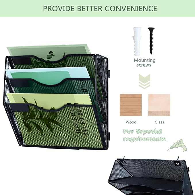 3 Tier Mesh Hanging File Organizer Vertical Wall File Organizer Wall File Holder for Office School Home, Black