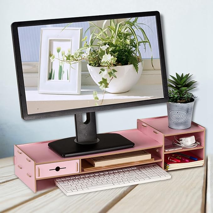 Alvinlite Monitor Stand Riser with 2 Tier Shelf, Desktop Organizer Desk Monitor Stand with Drawer for Screen, Laptop, Printer, Bookshelf for Home & Office, 18.7 Inch Wood Shelf, Pink