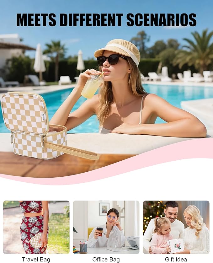 Relavel Mini Makeup Bag with Led Mirror, Small Cosmetic Bag with 3 Light Modes, Rechargeable Portable Makeup Pouch with Hands-Free Wrist Strap for Pool Parties丨Work Touch-Ups丨Travel - Plaid