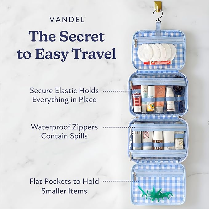 VANDEL Waterproof Hanging Toiletry Bag [TSA-Approved] Hanging Makeup Organizer Bag, Cosmetic Travel Bags for Women, Makeup Case Toiletries Organizer Hygiene Bathroom Shower Caddy - Blue Gingham