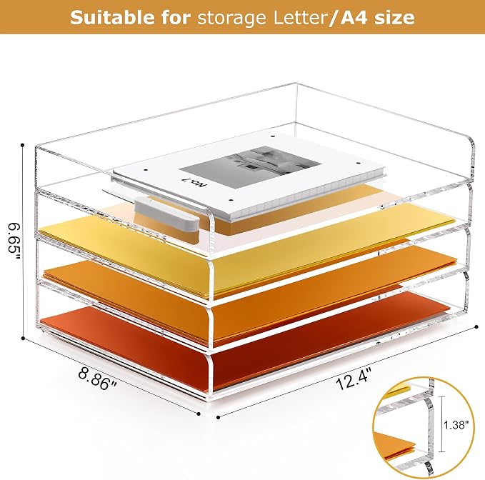 4 Tier Stackable Letter Tray, Acrylic Paper Organizer File Trays Paper Sorter, Clear Office Supplies Accessories for Letter/A4 Size Folders Documents 12.4inx8.86inx6.65in