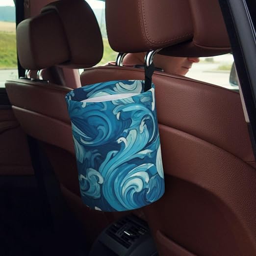 Small Car Trash Can, Ocean Waves Design Hanging Foldable Car Trash Bag, Waterproof Leakproof Garbage Bin, Car Interior Organizer Accessories