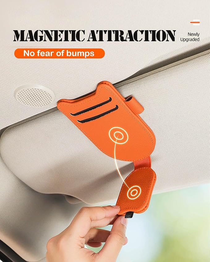 Sunglasses Holder for Car Visor, Magnetic Leather Glasses Eyeglass Clip, With Ticket and Pen Clip (Orange)